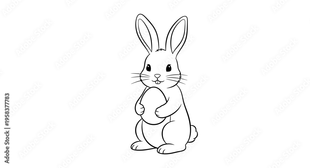 Obraz premium Cute Easter Bunny Holding Egg Outline, Simple Line Art Illustration