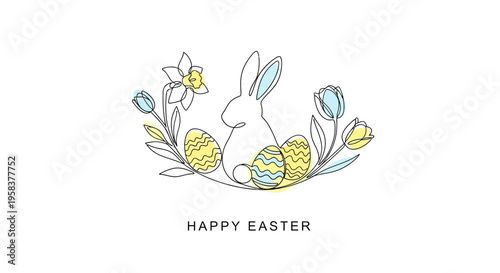 Easter Bunny, Eggs, Tulips, Daffodils, Minimalist Line Art, Happy Easter Greeting
