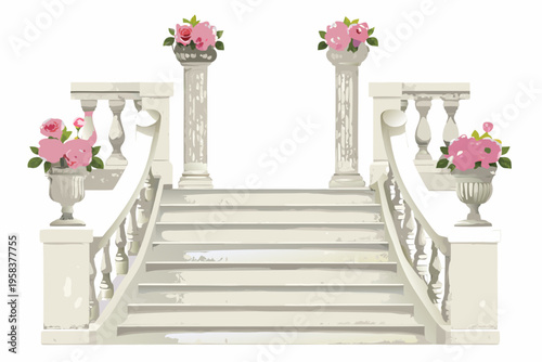 Elegant staircase adorned with pink roses and classical architectural details