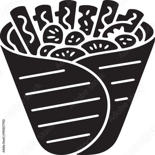 A black and white graphic of a shawarma wrap with visible filling and horizontal lines on the wrap