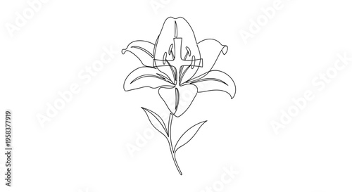 Elegant Lily Flower Outline with Christian Cross Symbol, Vector Art