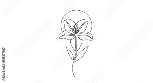 Single Line Drawing of Easter Lily with Cross and Halo, Religious Symbolism