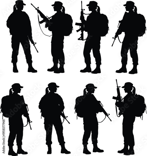 Black silhouette soldiers with rifles standing in formation isolated on white background, military team armed forces security patrol tactical combat concept training