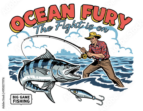 Ocean fury big game fishing vintage comic illustration, fisherman catching giant predator fish, retro graphic for t-shirt design and apparel