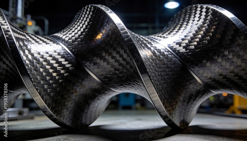 Composite auger resting on factory platen catching overhead light and showing twill weave for check