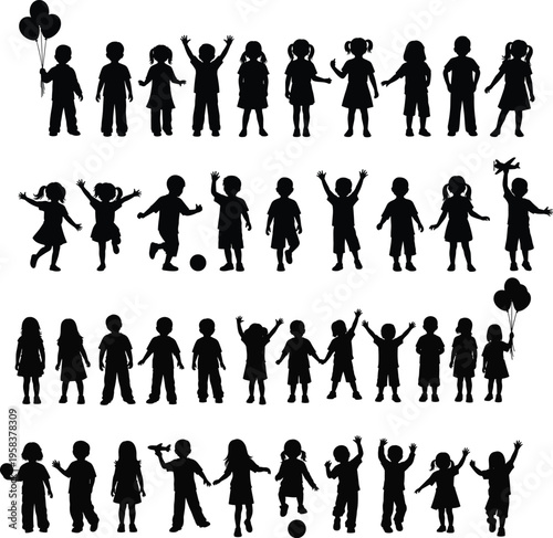 Children silhouettes set vector kids playing collection boys girls different poses activity childhood fun isolated on white background design illustration