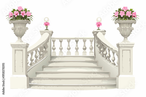 Elegant white staircase adorned with pink floral arrangements and urns