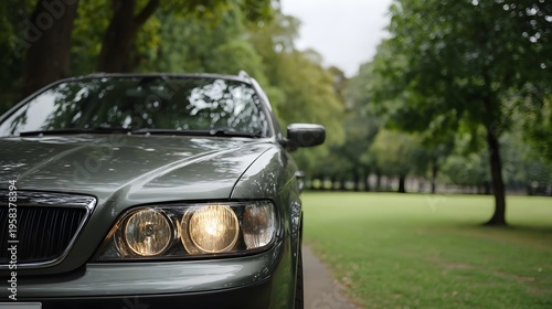 Close up view of the front of a green car with its headlights illuminated parked on a paved path in a serene park setting