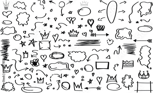 Colored elements isolated on white. Hand drawn simple sketches. Abstract signs. Sketchy symbols for work Cute line sketch star, arrow