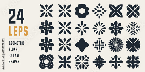Collection of twenty four black geometric floral shapes and illustrative designs