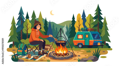 Woman cooking campfire food in forest campsite.