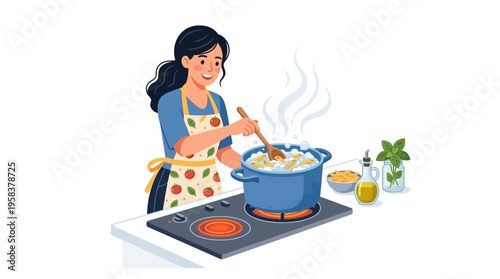 Woman cooking delicious food in a pot on stove.