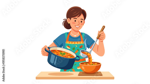 Woman Cooking Delicious Soup in Kitchen.