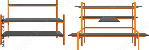 Industrial shelving rack set illustration metal storage shelves warehouse organization system modern furniture design isolated on white background vector style