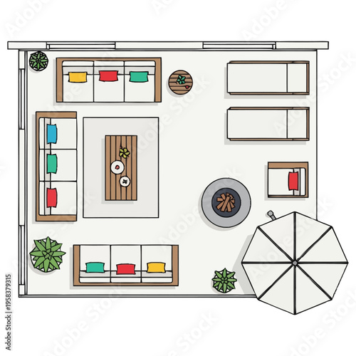 Modern Outdoor Living Space Layout With Furniture Fire Pit And Patio Umbrella Top Down View Floor Plan Design Arrangement furniture icons top view