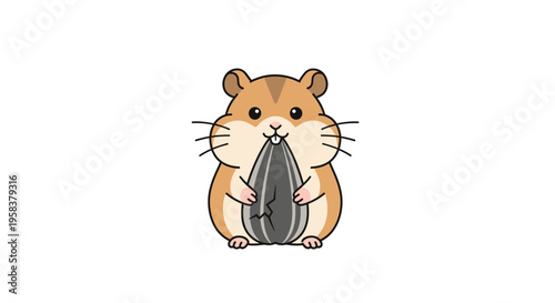 Cute cartoon hamster holding a large sunflower seed, isolated on white background