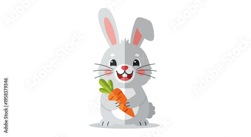 Cute cartoon rabbit holding a fresh carrot, isolated on white background
