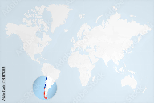 Chile Map with Flag in Magnifying Glass on World Map Background