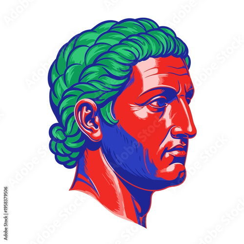 Ancient Roman Bust Sculpture with Green Hair and Vibrant Red and Blue Tones