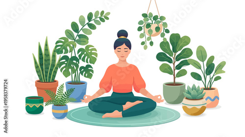 Woman meditating peacefully surrounded by lush green plants.