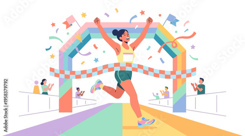 Woman crossing finish line celebrating victory in race.