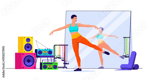 Woman dancing in studio with mirror and speakers.