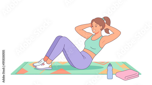 Woman doing abdominal crunches on a yoga mat for fitness.