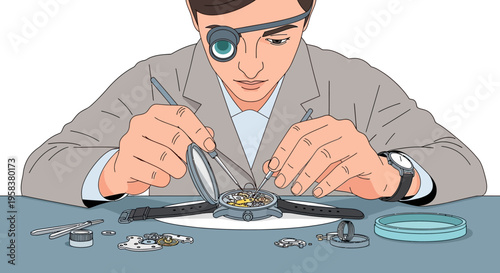 Watchmaker meticulously repairing intricate timepiece mechanism with tools.