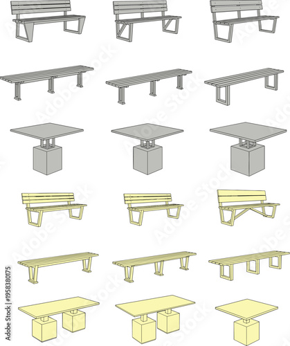 Isometric wooden benches set vector icons park seating outdoor furniture long benches picnic tables minimal flat design illustration collection