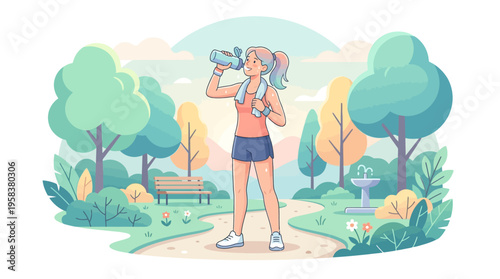 Woman drinking water after workout in park.