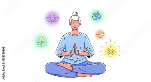 Woman Meditating with Chakras and Symbols.