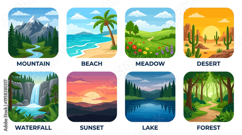 Vector graphics showcase various scenic landscapes including mountain, beach, meadow, desert, waterfall, sunset, lake, and forest environments.