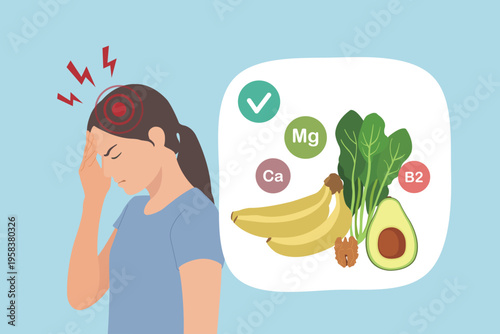 Natural Headache Relief with Healthy Food Nutrition such as Banana Avocado and Spinach