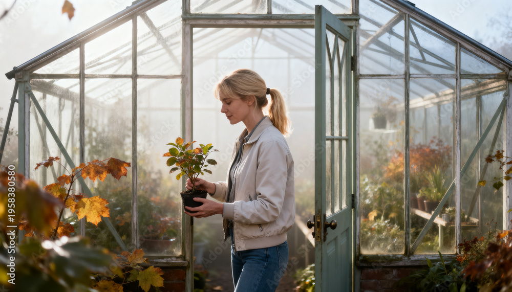 Obraz premium Holding woman wearing beige jacket inspecting plant in glass greenhouse doorway with black pot