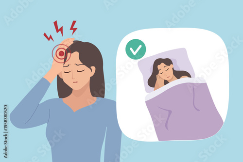 Woman with Headache Relieved by Sleeping and Getting Enough Rest Concept Illustration
