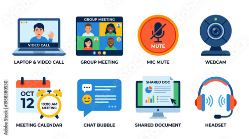 Remote team collaborating online using vector graphics and digital tools on laptop and devices for virtual meeting and communication.