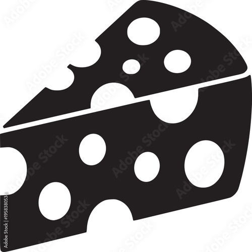 A black and white illustration of a wedge of cheese with holes on a white background surface view