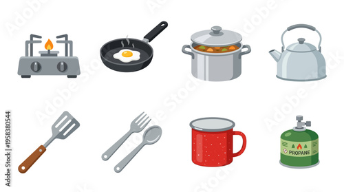 Vector graphics of kitchen items on a table with a frying pan and stove in a modern vector style