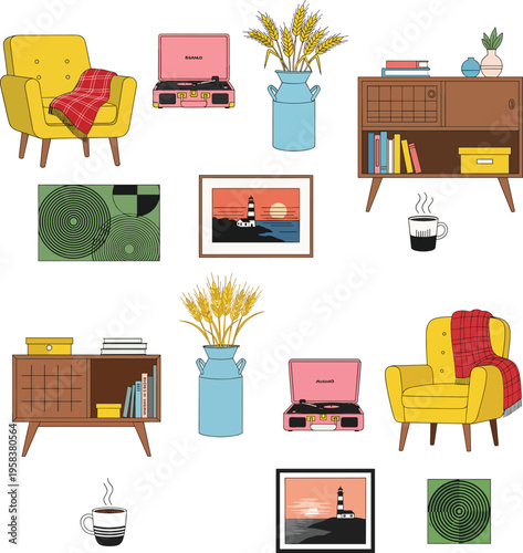 Mid century modern living room decor set illustration armchair cabinet vinyl record player art prints plants coffee interior design isolated background