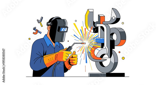 Welder working on industrial metal structure with sparks flying.