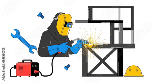 Welder working on metal structure with tools and equipment.