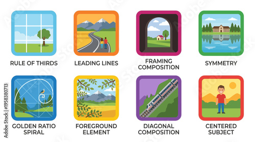A vector graphic illustration of photography composition techniques displayed on a colorful grid of nine squares with icons and labels.
