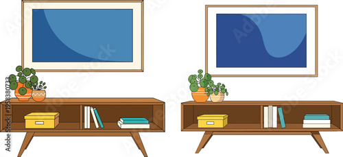 Mid century modern sideboard cabinet with wall art and plants illustration living room furniture decor isolated on white background vector style