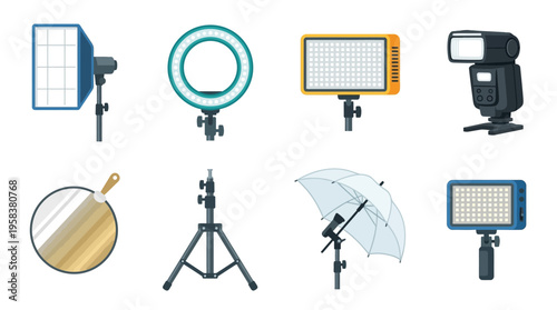 A vector graphic illustration of various studio lighting equipment and reflectors on stands and tripods.