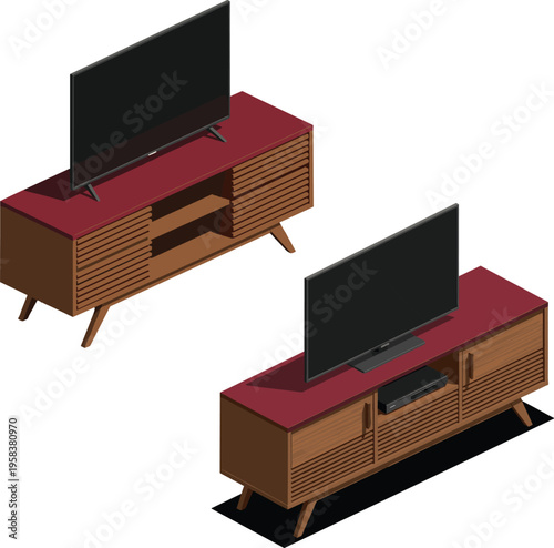 Modern TV cabinet console with television set illustration wooden media unit living room furniture design isolated on white background vector style
