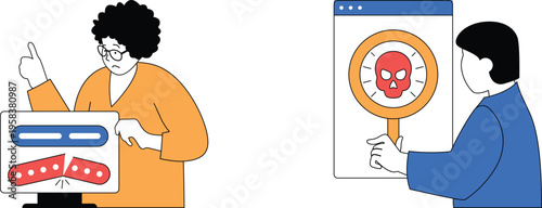 Two professionals discussing a security alert on their computers