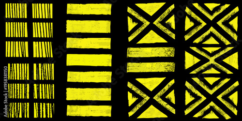 Abstract geometric patterns in yellow and black resembling woven textures