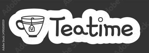 Cute teatime black and white line drawing sticker. Kawaii drink tea cup. Cozy teabreak. Doodle outline illustration isolated. Minimal planner icon label design. Monochrome printable clipart