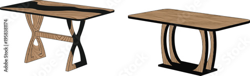 Modern wooden dining tables with unique base design illustration contemporary furniture interior decor isolated on white background elegant vector style