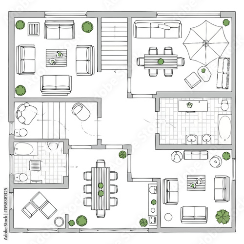 Detailed architectural drawing of a modern house floor plan showing furniture placement and room layout for interior design concepts furniture icons